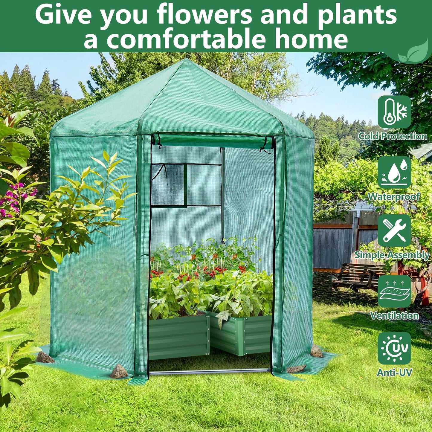 7' x 7' x 7.3' Walk-in Greenhouse for outdoors, Hexagonal Heavy-Duty Metal Frame Greenhouse with 160g PE Cover