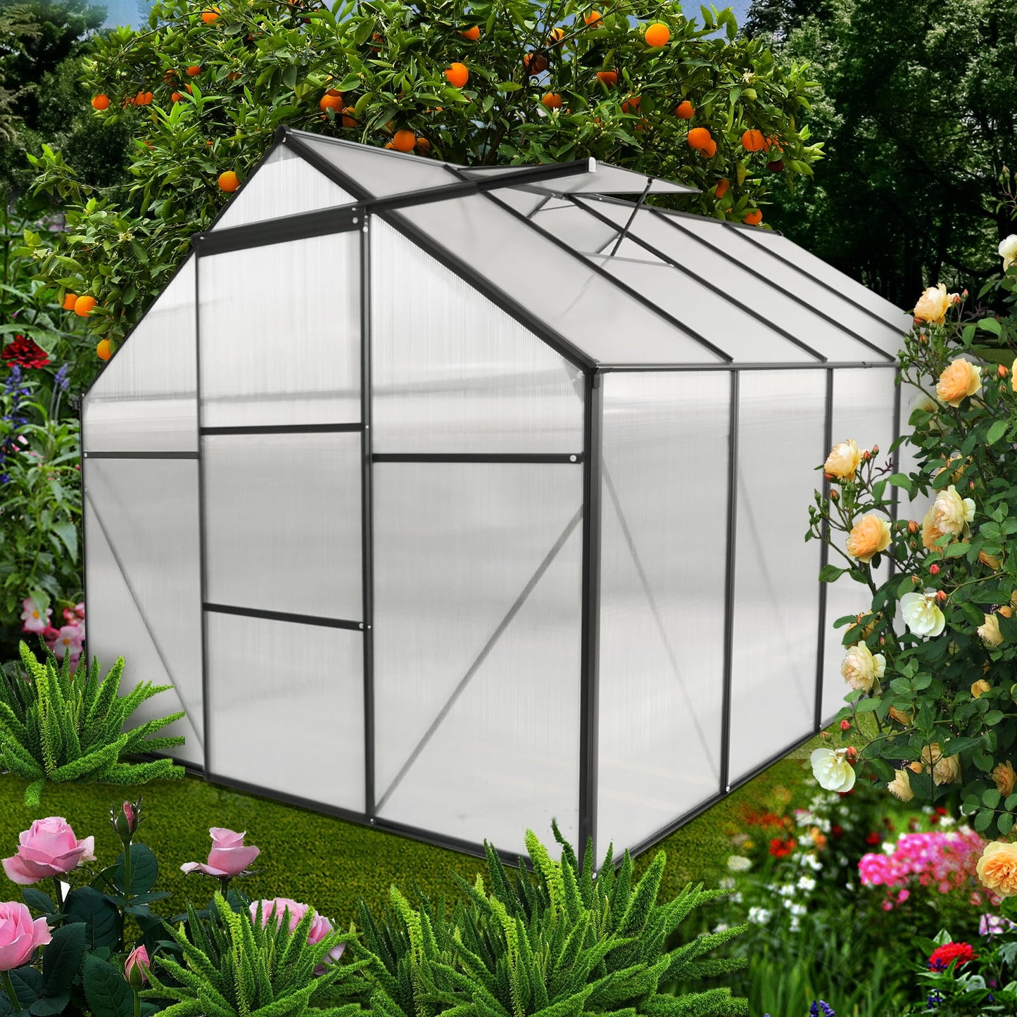 Greenhouse for Outdoors, 6.2' x 6.2' x 6.6' Aluminum Greenhouse with Window, Sliding Door