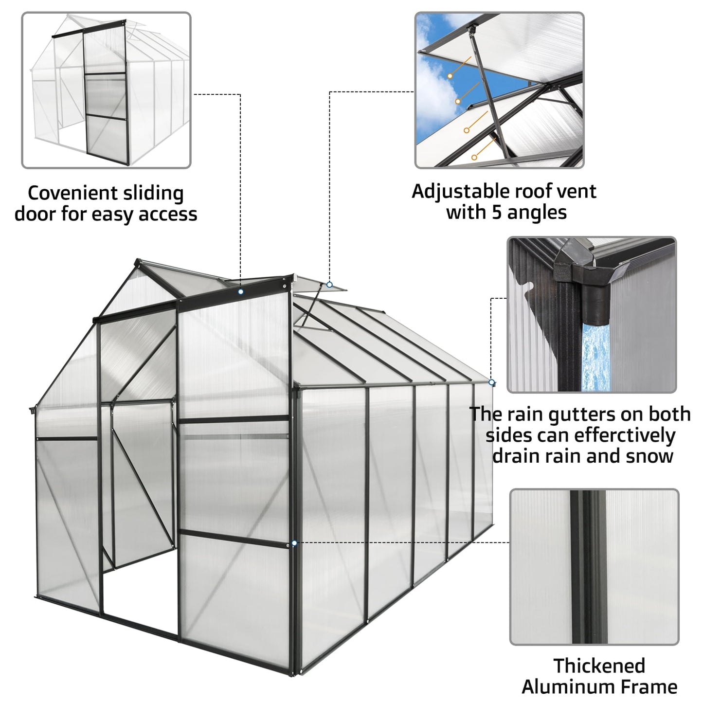 Outdoor Polycarbonate Greenhouse, Walk in Greenhouse with Sliding Door and Rain Gutter, 8' x 6' x 6.8', DT45