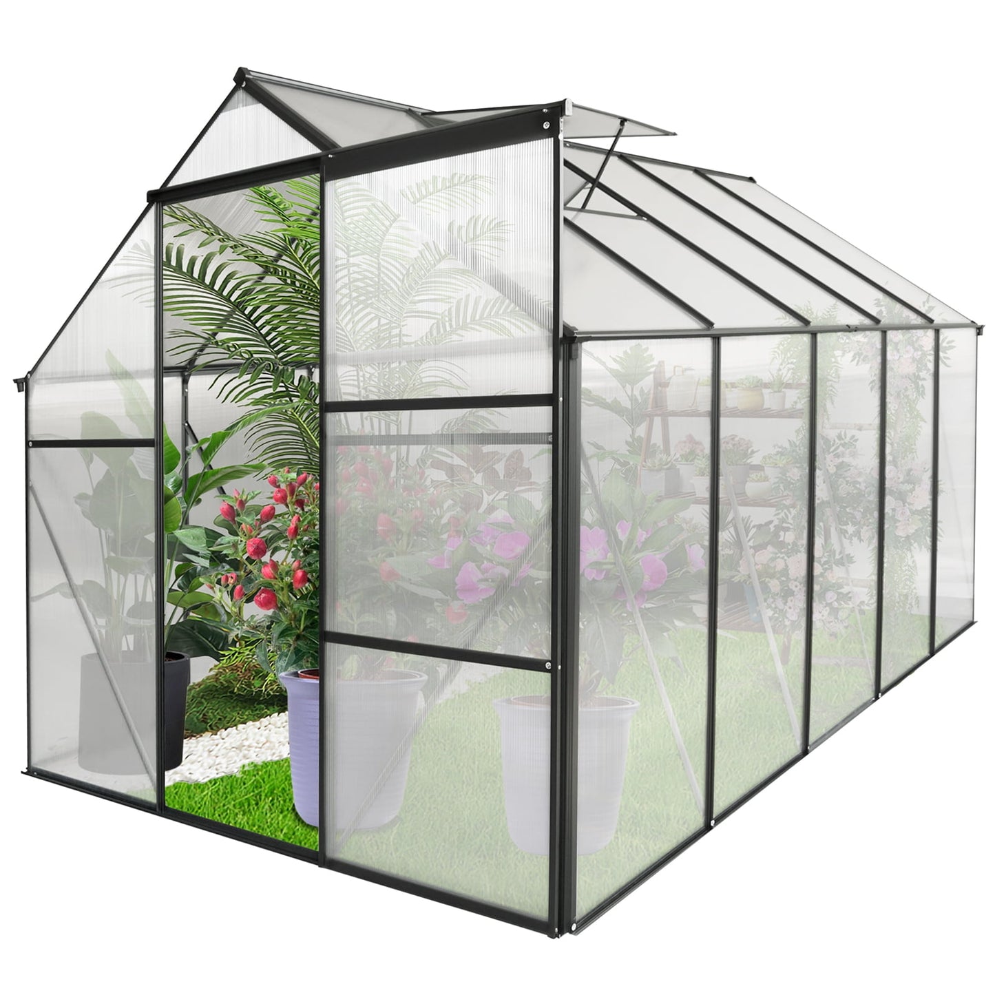 Greenhouse for Outdoors, 6.2' x 6.2' x 6.6' Aluminum Greenhouse with Window, Sliding Door