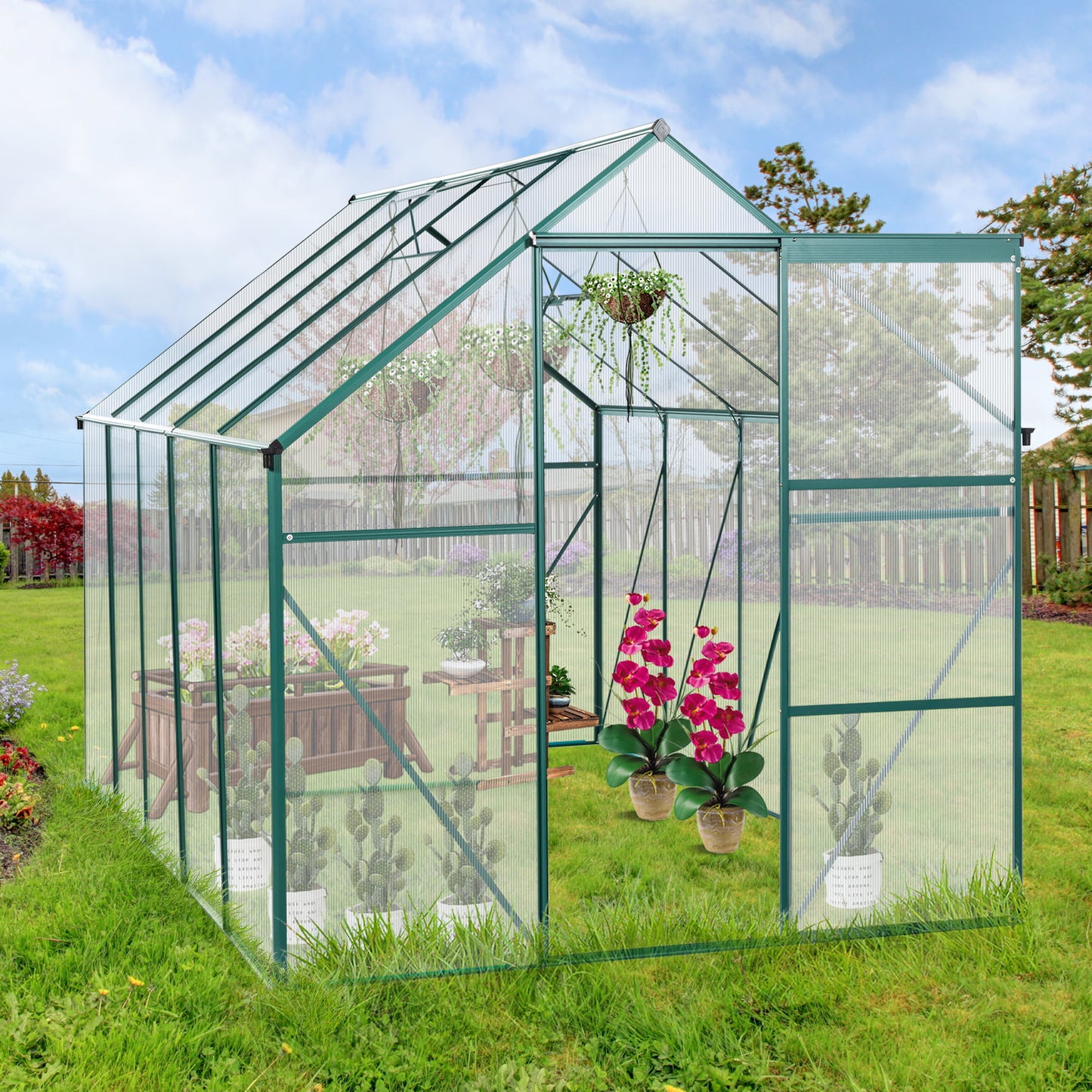 Outdoor Polycarbonate Greenhouse, Walk in Greenhouse with Sliding Door and Rain Gutter, 8' x 6' x 6.8', DT45