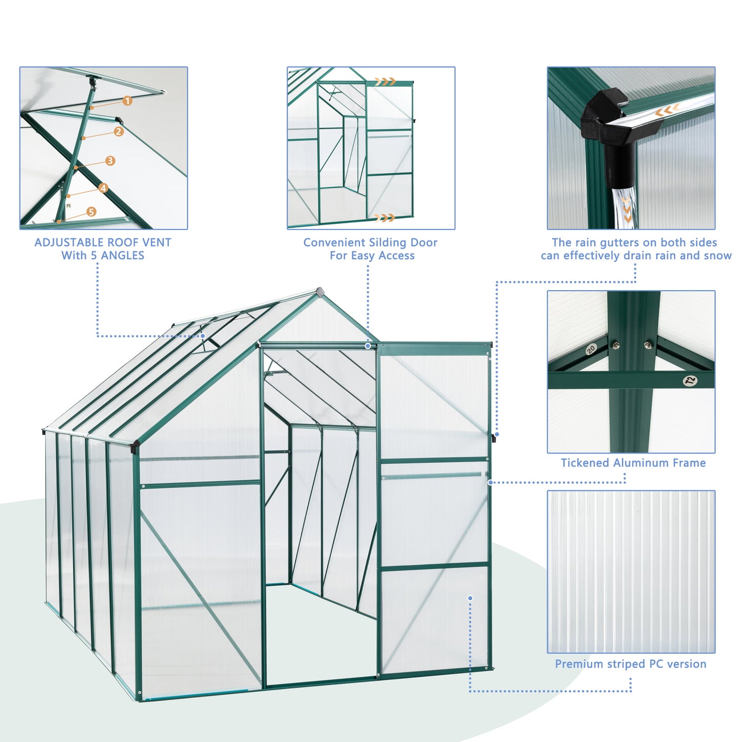 Outdoor Polycarbonate Greenhouse, Walk in Greenhouse with Sliding Door and Rain Gutter, 8' x 6' x 6.8', DT45