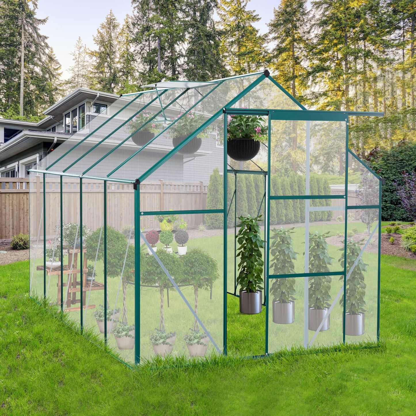 Outdoor Polycarbonate Greenhouse, Walk in Greenhouse with Sliding Door and Rain Gutter, 8' x 6' x 6.8', DT45