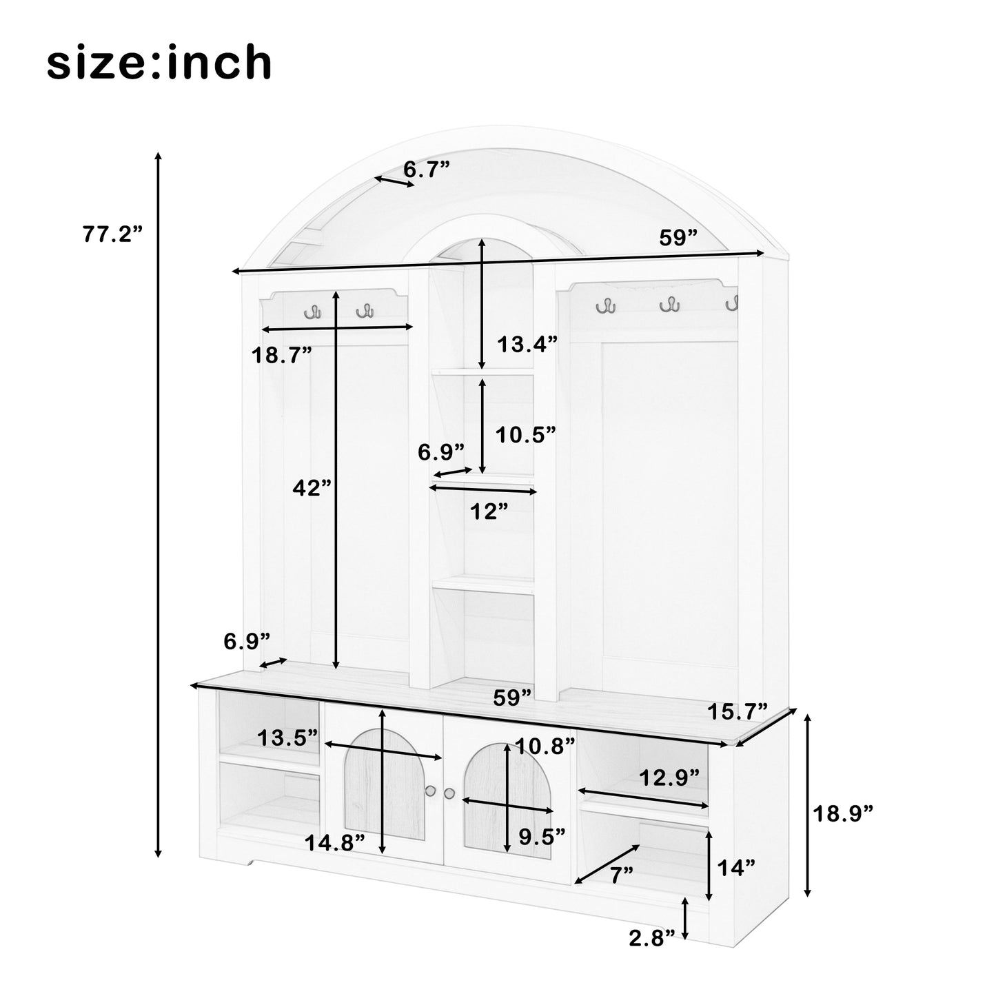 SESSLIFE Entryway Wardrobe with Shoe Storage, 59” Hall Tree with Hanging Rod and Hooks, Curved Entryway Storage Cabinet with LED Light, Black