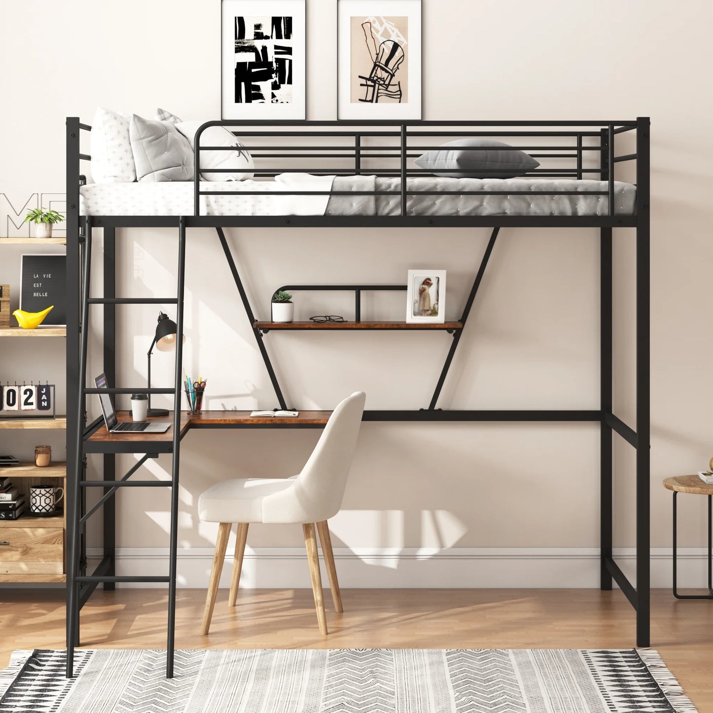Sesslife Full Loft Bed with Stairs & Safety Guardrail for Kids Teens Adults, Modern Heavy-Duty Metal Bed Frame with Desk and Open Storage Shelf for Bedroom, No Spring Box Needed, Black