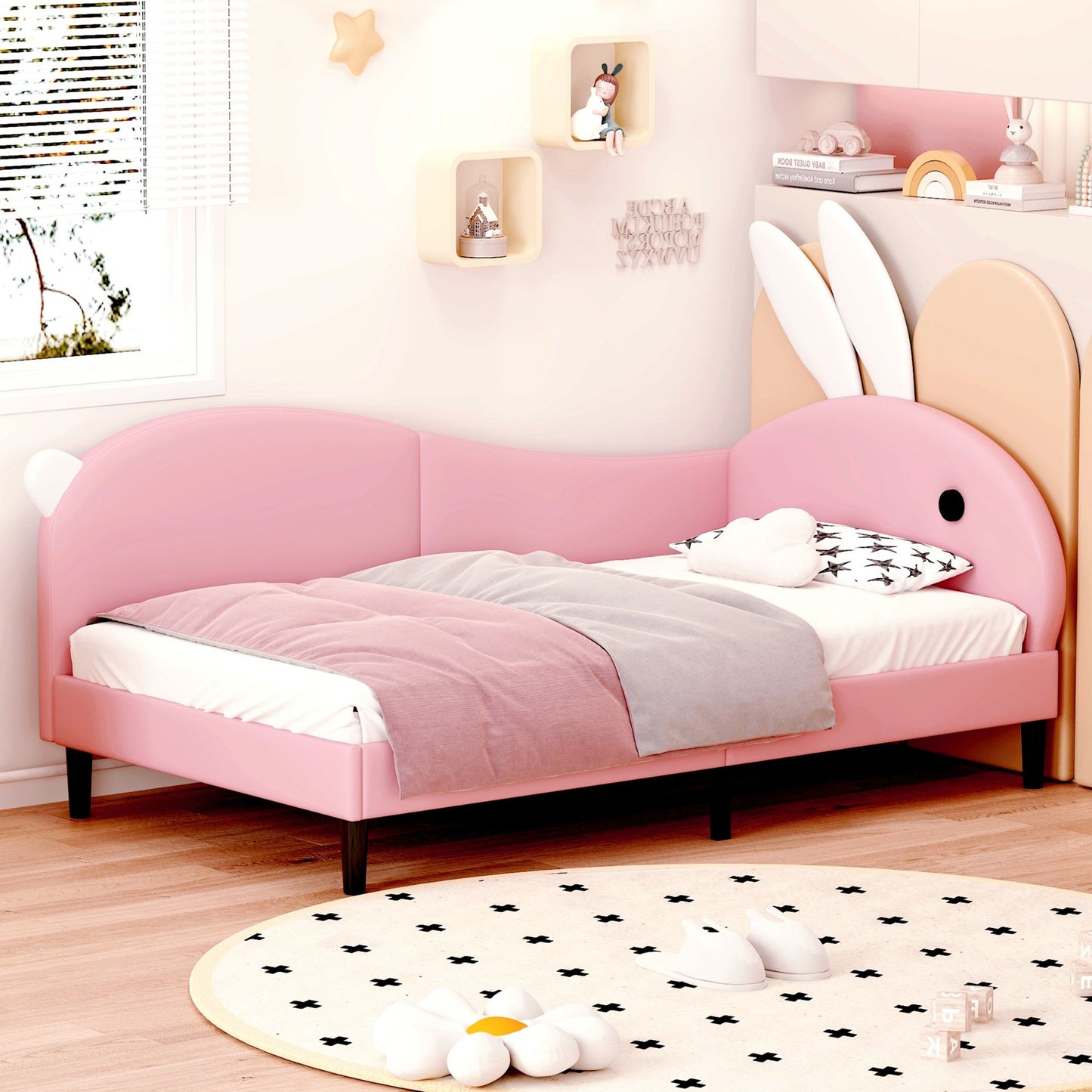 Sesslife Twin Daybed Frame, Cute Rabbit-Shape Kids Bed with Rabbit Ear Headboard, PU Upholstered Bed Twin Size for Boys Girls, Wood Platform Bed with Strong Slats Support, Easy Assembly, Pink