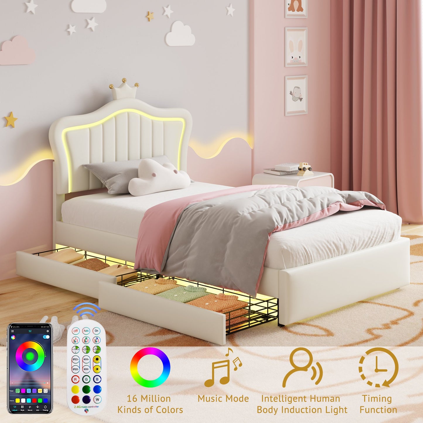 Sesslife Twin Bed Frame, Cute Upholstered Bed with LED Lights, PU Platform Bed with 2 Storage Drawers and Adjustable Crown Headboard for Kids Teens, Strong Wood Slats, No Box Spring Needed, Beige