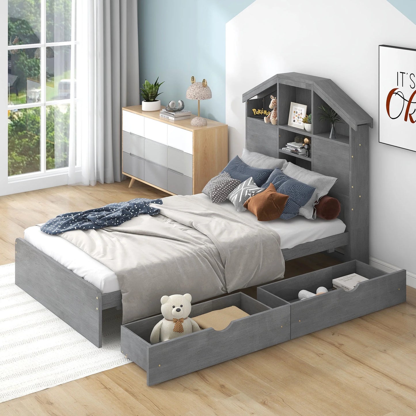 Sesslife Full Size Bed Frame with Storage for Kids, Cute Kids Bed Frame with 2 Drawers and Bookshelves, Wood Platform Bed Frame with House-shaped Headboard, No Box Spring Needed, Gray