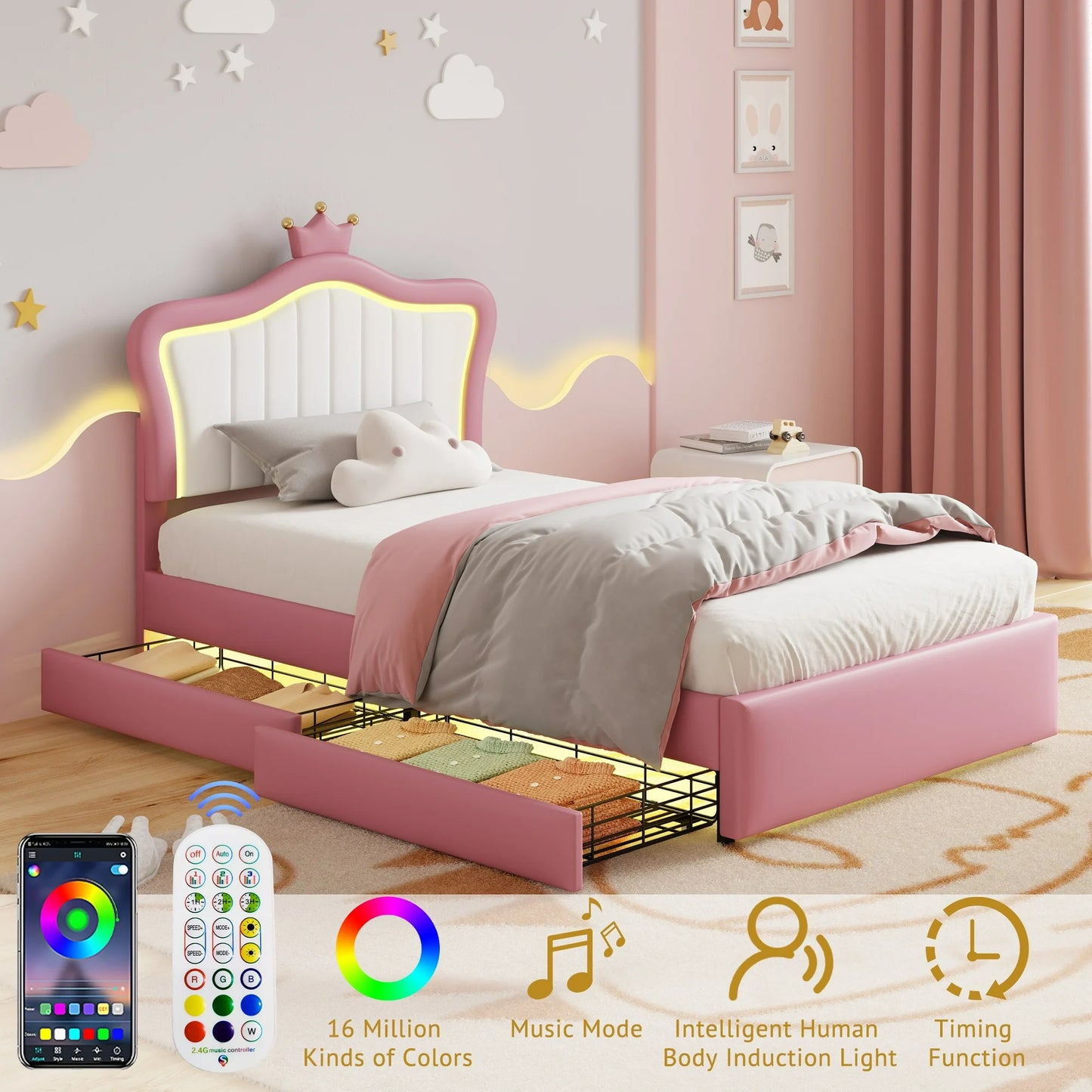 Sesslife Twin Bed Frame, Cute Upholstered Bed with LED Lights, PU Platform Bed with 2 Storage Drawers and Adjustable Crown Headboard for Kids Teens, Strong Wood Slats, No Box Spring Needed, Beige