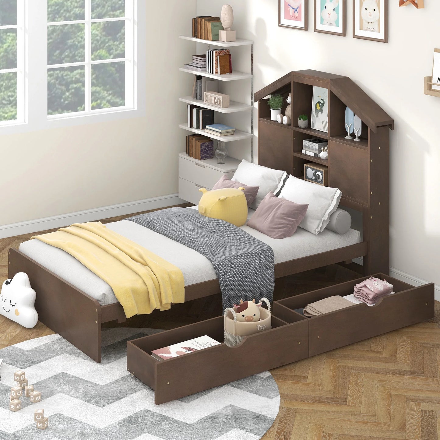 Sesslife Full Size Bed Frame with Storage for Kids, Cute Kids Bed Frame with 2 Drawers and Bookshelves, Wood Platform Bed Frame with House-shaped Headboard, No Box Spring Needed, Gray