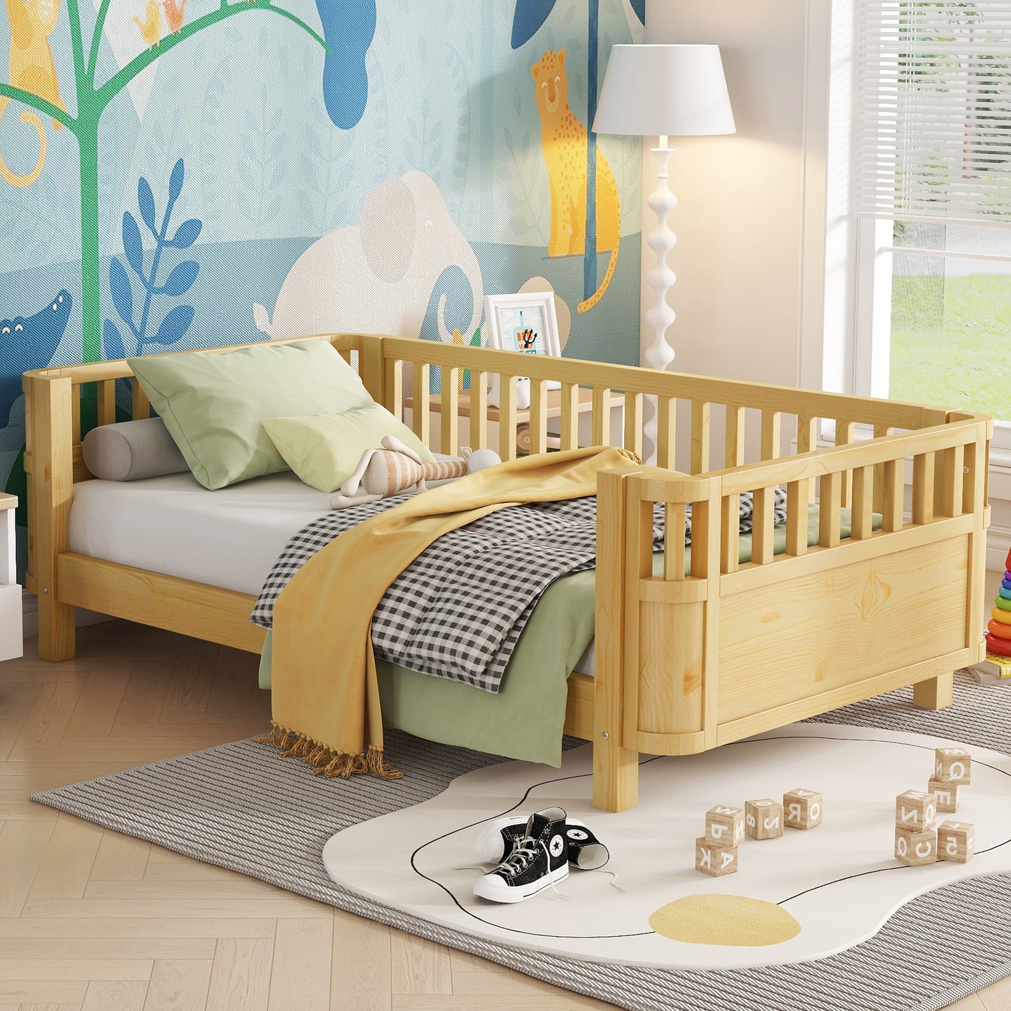 Sesslife Toddler Bed, Wood Twin Platform Bed Frame, Twin Size Bed Frame with Salts and Safety Fence for Boys Girls, Low Profile Bed Twin with Removable Guardrail, No Box Spring Needed, White