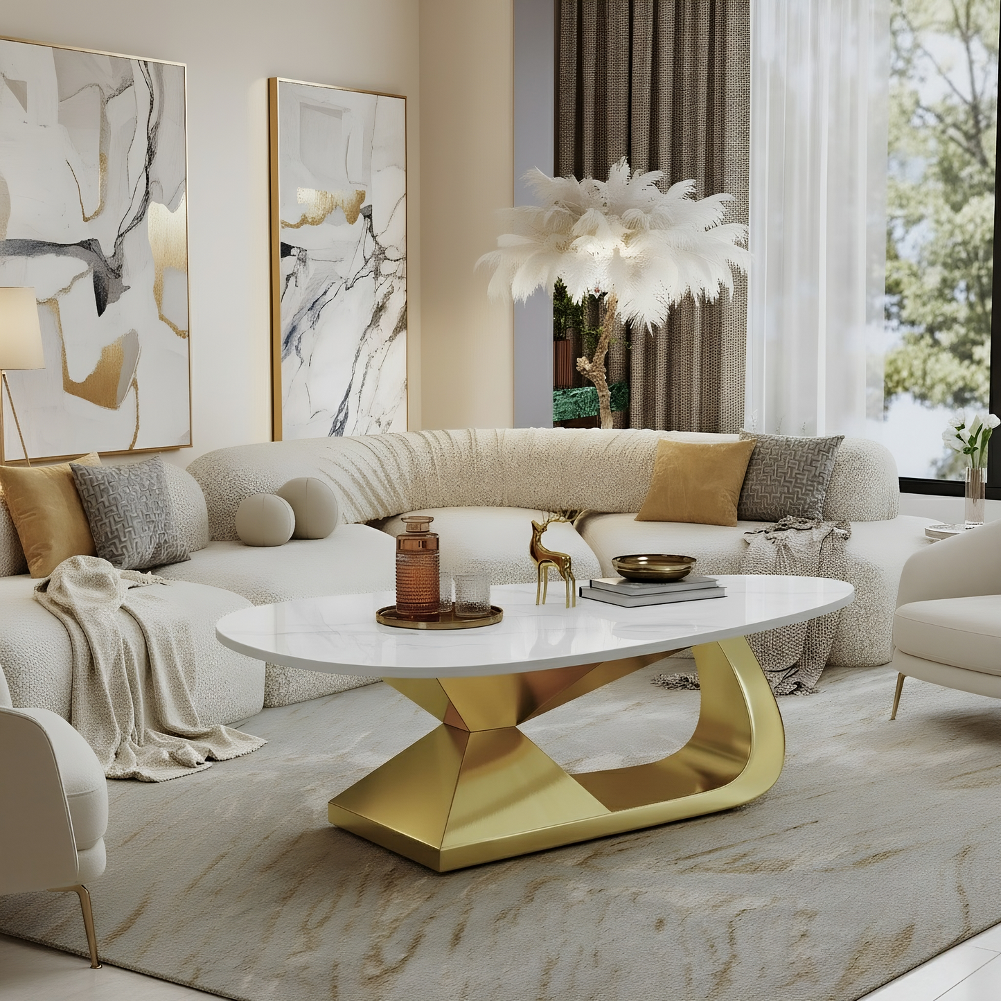 SESSLIFE Modern Coffee Table with Sintered Stone Top and Stainless Steel Base, Elegant Oval Design for Living Room, Scratch-Resistant and Heatproof, Gold