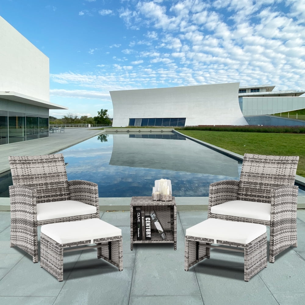 5-piece Backyard Furniture Set, All Weather PE Wicker Patio Sofa Set, Wide Chairs and Armrests, Deck Front Porch Balcony Furniture Set with 2 Stools, 1 Coffee Table and 2 Patio Chairs, JA2937