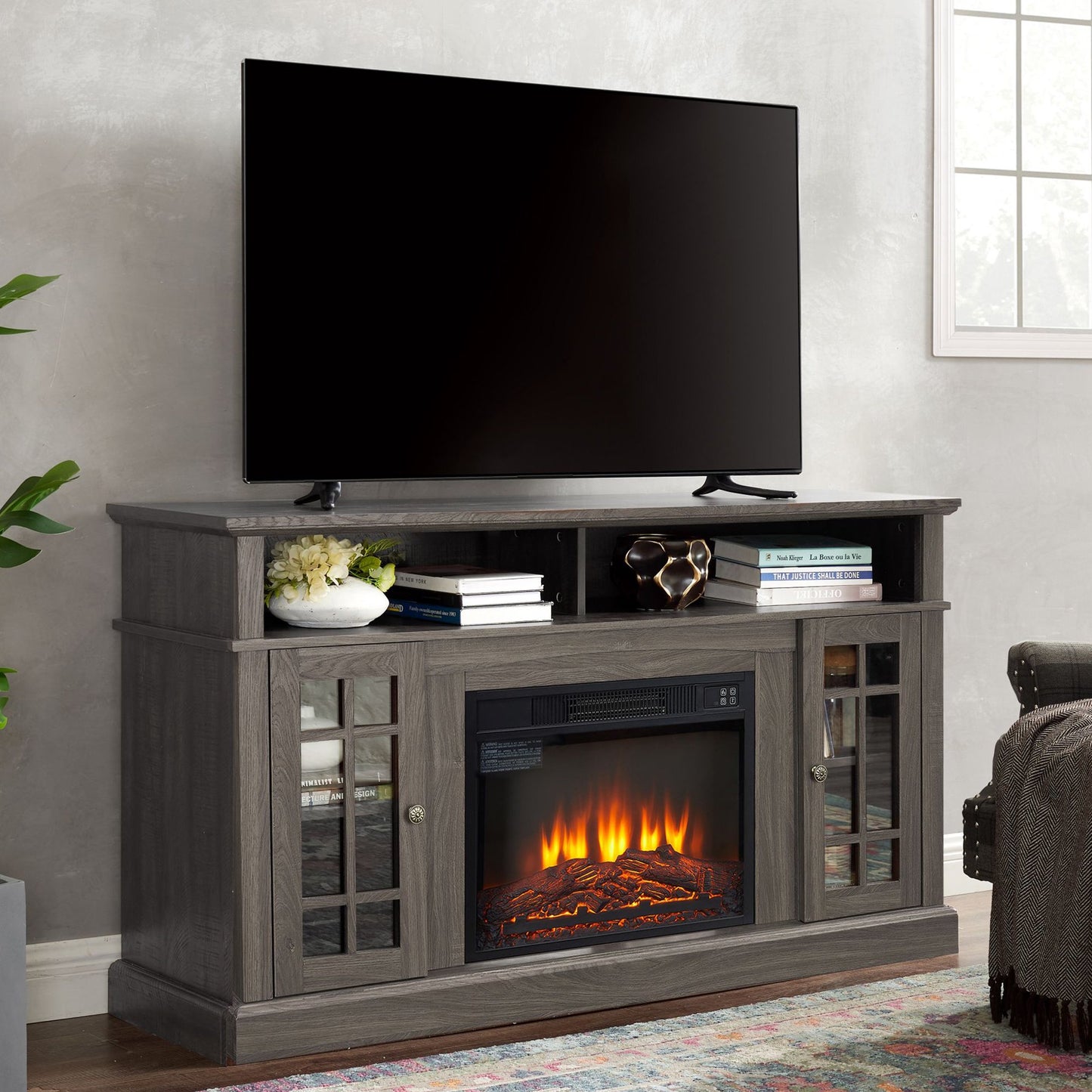 Sesslife Electric Fireplace TV Stand with Remote Control for 70 Inch TV, Farmhouse TV Console Table with Open Storage Shelves & 2 Cabinets, Wooden Media Entertainment Center for Living Room, Cherry