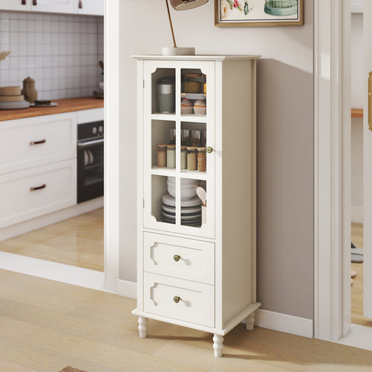 SESSLIFE Tall Pantry Cabinet with Glass Door, Narrow Kitchen Storage Cabinet with Drawers, Adjustable Shelves, Modern Farmhouse Storage Cabinet for Small Spaces, White