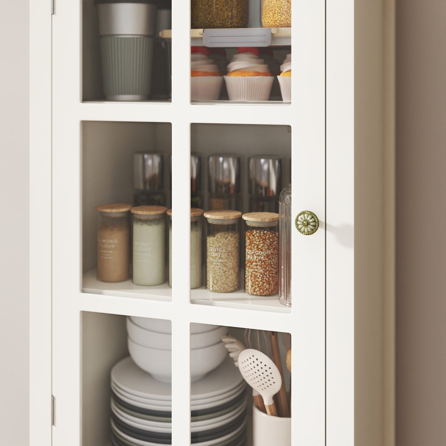SESSLIFE Tall Pantry Cabinet with Glass Door, Narrow Kitchen Storage Cabinet with Drawers, Adjustable Shelves, Modern Farmhouse Storage Cabinet for Small Spaces, White