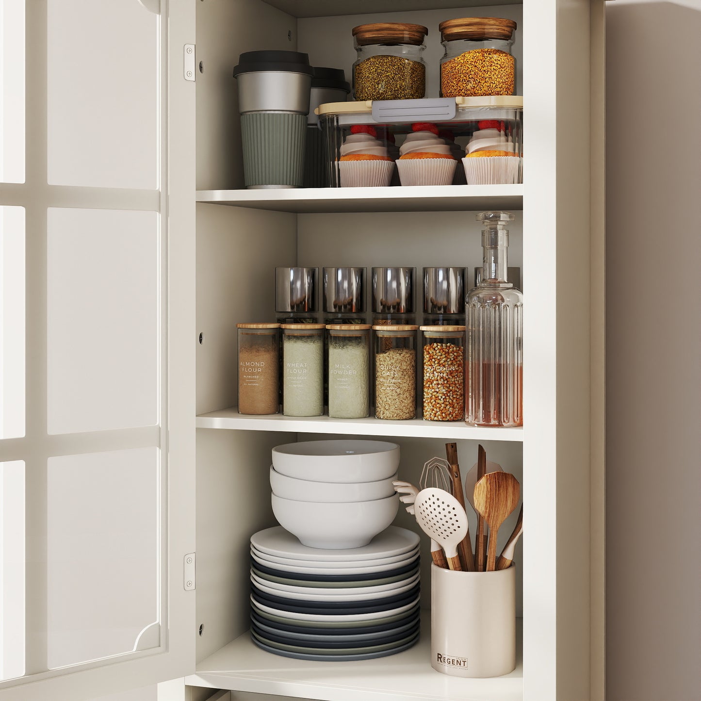 SESSLIFE Tall Pantry Cabinet with Glass Door, Narrow Kitchen Storage Cabinet with Drawers, Adjustable Shelves, Modern Farmhouse Storage Cabinet for Small Spaces, White