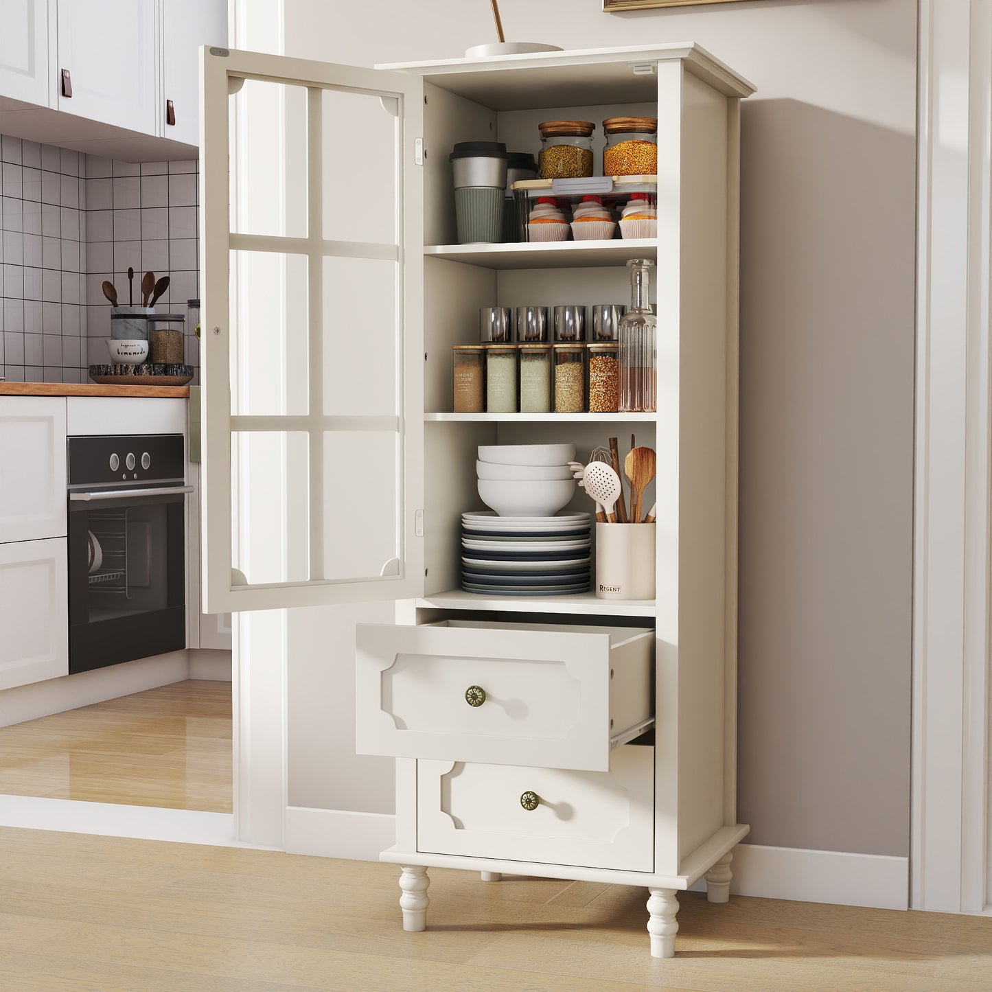 SESSLIFE Tall Pantry Cabinet with Glass Door, Narrow Kitchen Storage Cabinet with Drawers, Adjustable Shelves, Modern Farmhouse Storage Cabinet for Small Spaces, White