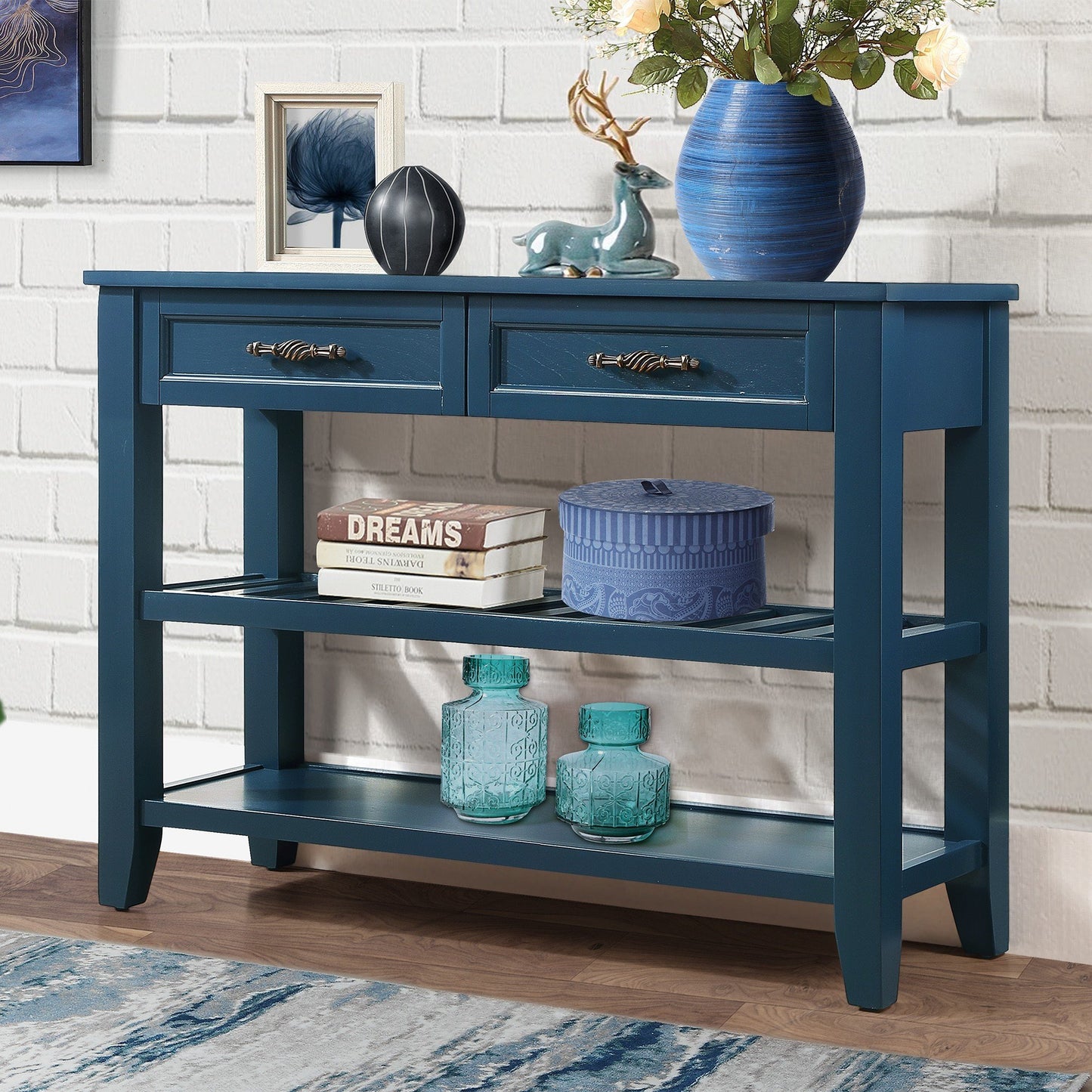 SESSLIFE 42 Inch Solid Wood Console Sofa Table with 2 Drawers and 2 Tier Shelves, Mid-Century Entryway Table Buffet Sideboard for Living Room Hallway Kitchen, Espresso