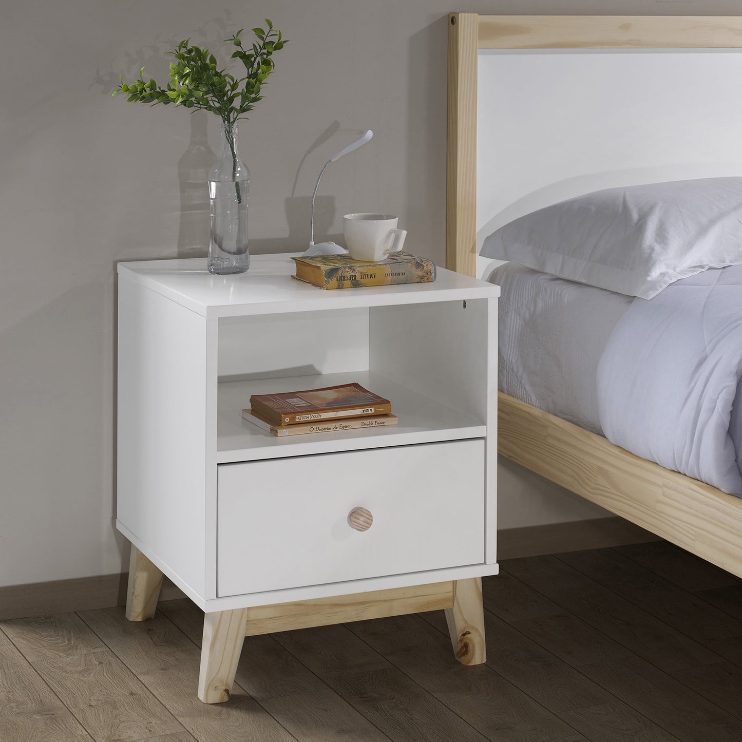 SESSLIFE Wood Bedside Table, Modern Nightstand with Drawer and Open Shelf for Bedroom Living Room, X65