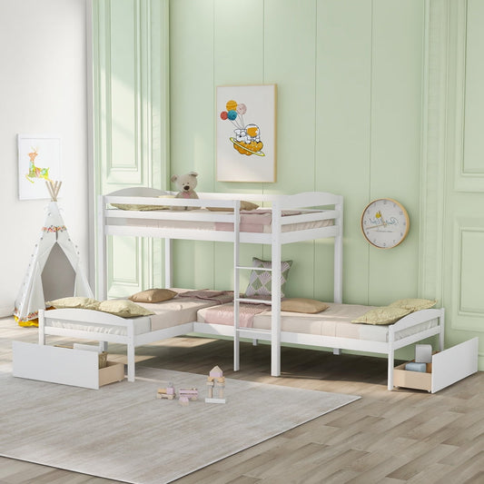 Wood Triple Bunk Bed with Drawers, Sesslife Twin Over Twin L Shaped Bunk Bed with Guardrailsand Ladder for Boys and Girls, Space Saving Pine Wood Bed Frame, White