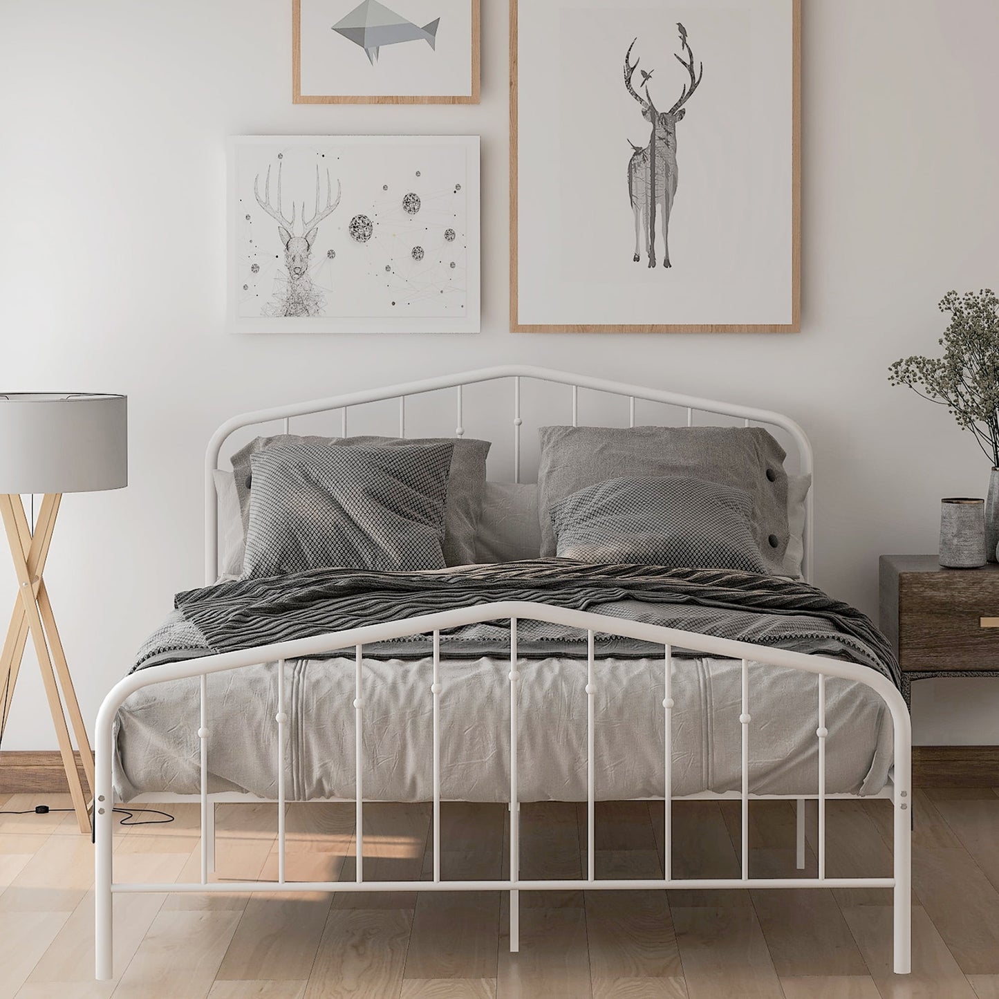 Twin Size Bed with Victorian Headboard and Footboard, Metal Platform Bed Frame with Slats Support and 6 Legs, No Box Spring Needed Twin Bed Frame for Kids Adults Bedroom, White, X2638
