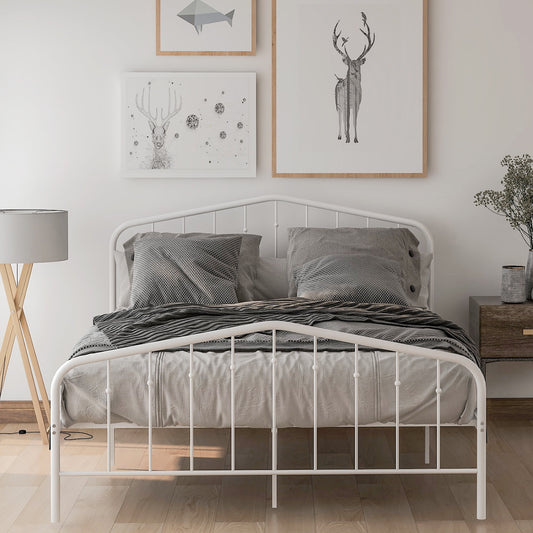 Twin Size Bed with Victorian Headboard and Footboard, Metal Platform Bed Frame with Slats Support and 6 Legs, No Box Spring Needed Twin Bed Frame for Kids Adults Bedroom, White, X2638