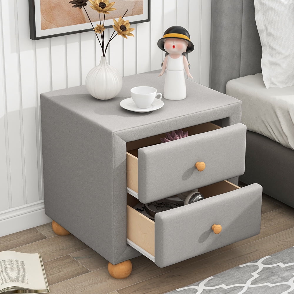 Sesslife Storage Nightstand with Drawers, Upholstered Night Stand for Bedroom, Modern Bedside Table with Natural Wood Knobs and Legs, Pine Wood Frame, Light Gray