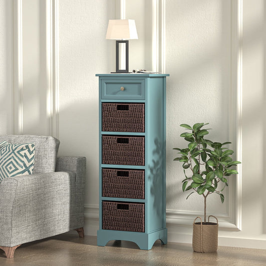 1 Drawer Dresser, SESSLIFE Blue Tall Tower Dresser with 4 Woven Pull Out Baskets, Organizer Cabinet for Bedroom Hallway Living Room Storage, Wood Standing Chest Farmhouse Style Furniture, Blue, X629
