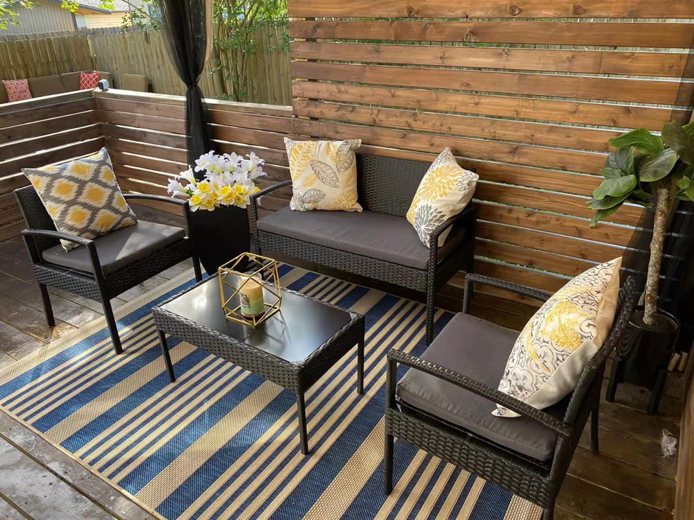 Sesslife 4-Person Patio Sofa Set, Black Wicker Outdoor Furniture Set with Cushions, Rattan Patio Furniture Set with 2 Chairs, Loveseat, Tempered Glass Table, Dark Gray Cushions Seating Group