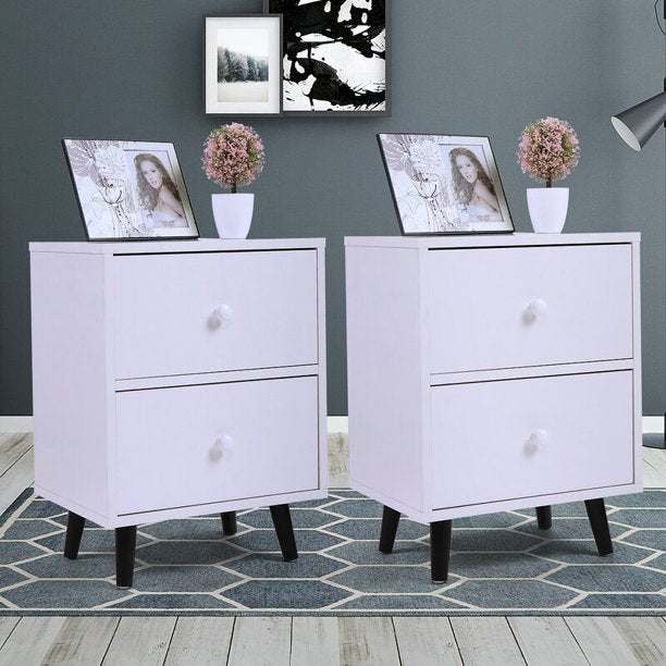 SESSLIFE Set of 2 Bedside Table, Modern Bedroom Wood Nightstand with 2 Drawers, Low Foot End Table, White, X324