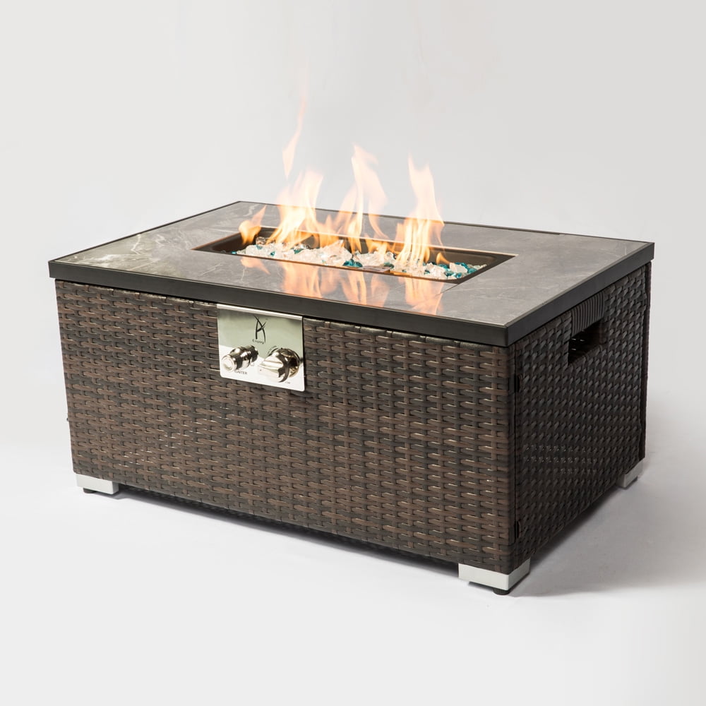 32" Rectangle Brown Wicker Fire Pits for Outside, SESSLIFE 40,000 BTU Propane Fire Pit with Ceramic Tile Tabletop, Waterproof Over, Metal Lid, Rocks, Fire Pit Table for Backyard Patio, X925