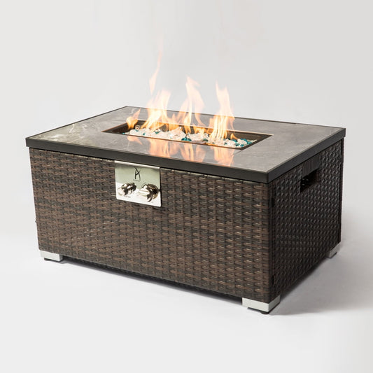 SESSLIFE Outdoor Gas Fire Pit, 32" Rectangle Brown Wicker Propane Fire Table, Ceramic Tile Tabletop Fire Pit with 40,000BTU Stainless Steel Burner/Rocks/Metal Lid/Waterproof Cover/Free Ignition, X923