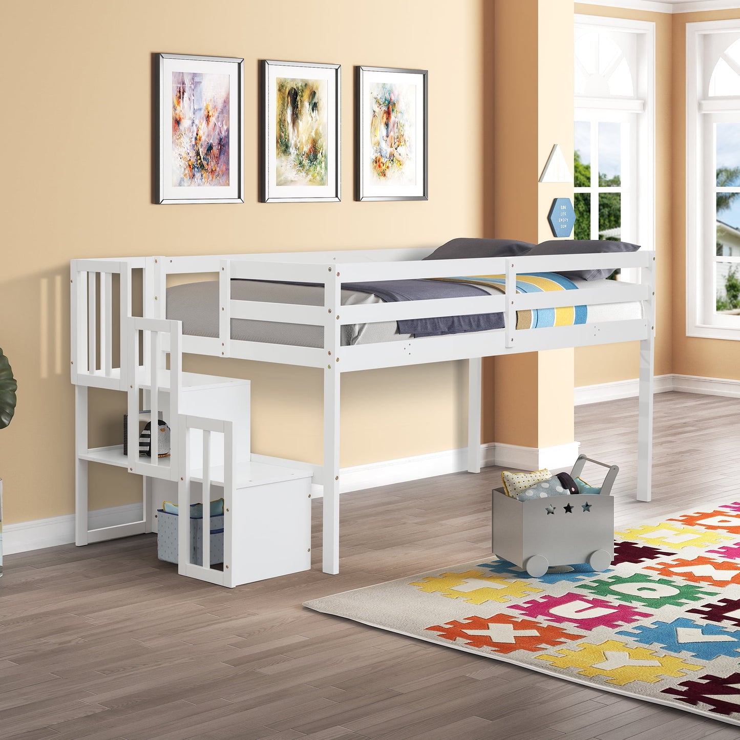 SESSLIFE Wood Twin Loft Bed, Loft Bed with Storage Stair and Guardrail, Kid Bed Frame with Wood Slat Support and No Box Spring Needed, Wood Loft Bed for Bedroom Dorm, Space Saving, White, X2065