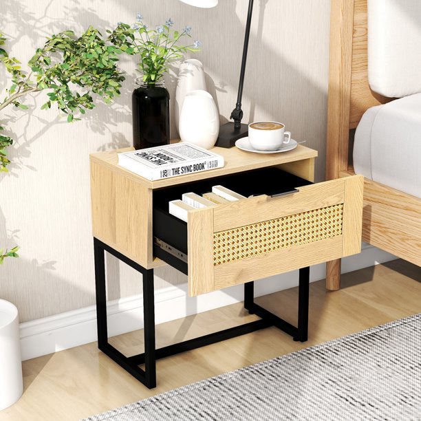 Mid Century Modern Nightstand with Rattan Drawer, SESSLIFE End Table with Storage for Bedroom Living Room, Small Space Wood Bedside Table, 19.7(L) x 15.7(W) x 21.7(H)inches, X2870