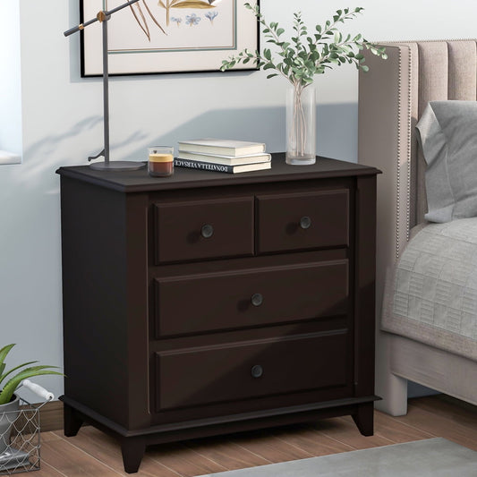 Storage Dresser for Bedroom, Sesslife Solid Wood Nightstand with 3 Drawers, Modern Bedside Table with Round Pull Handles, Rectangular Tall Side Table for Hallway Living Room Office, Espresso