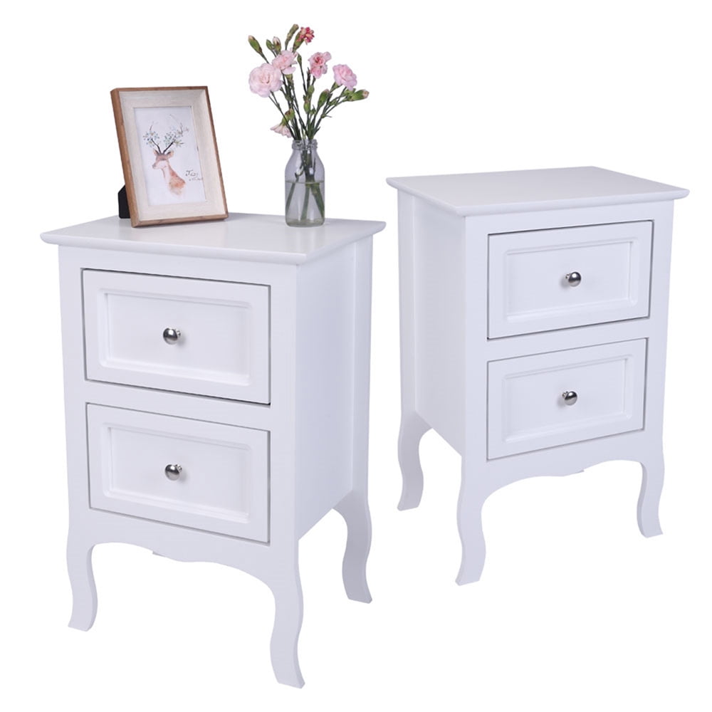 White Nightstand with Drawers, Sesslife Country Style Two-Tier Bedside Table Set of 2, Wood End Table for Living Room Bedroom, X3108