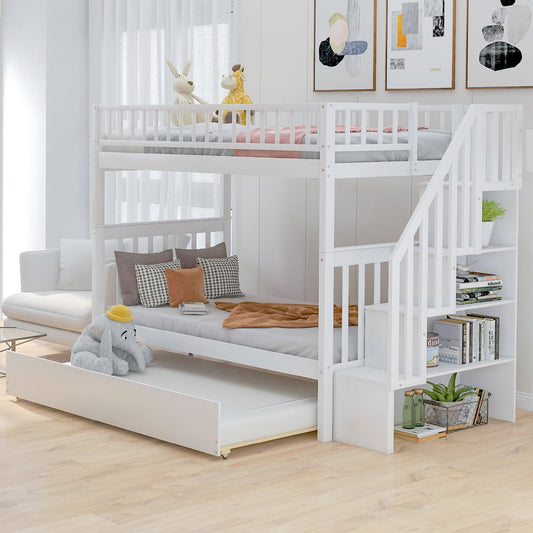 SESSLIFE Twin over Twin Bunk Bed with Trundle, Wood Bunk Bed with Stairs and Storage Shelves, Solid Wood Twin over Twin Bunk Bed for Kid Teen Bedroom, White Kids Bunk Beds No Box Spring Needed, X2349