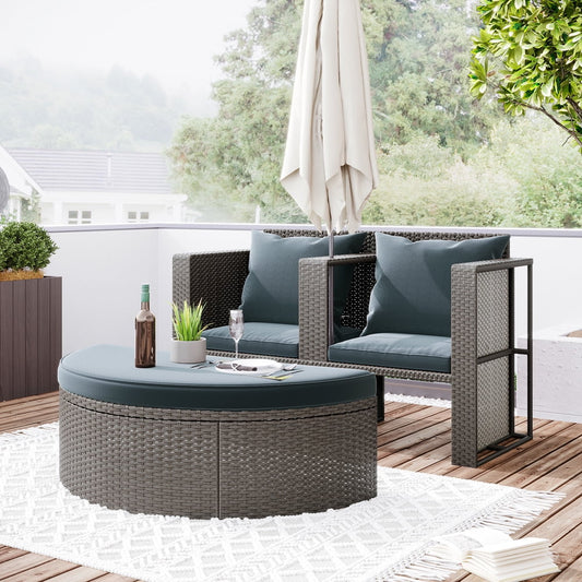 Sesslife Outdoor Patio Sofa Set 2 Piece, Patio Furniture Set with 2-seat Sofa & Half-moon Sofa, Wicker Conversation Set with Umbrell Hole, 2 Pillows and 3 Cushions, Gray Rattan & Gray Cushion