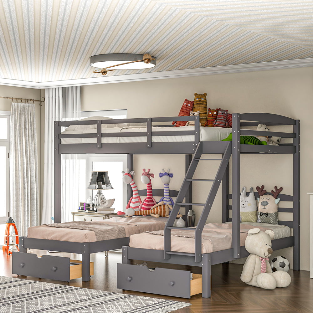 Triple Bunk Bed Full over Twin & Twin, SESSLIFE Wood Bunk Bed for Boys Girls Bedroom, Kids Bunk Bed Frame with Drawers, Full-length Guardrail & Ladder, No Box Spring Needed, Gray, X2912