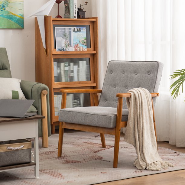 SESSLIFE Gray Accent Chair, Single Sofa Armchair w/Wood Frame and Thick Sponge Cushion, Modern Leisure Chair for Living Room Bedroom Office