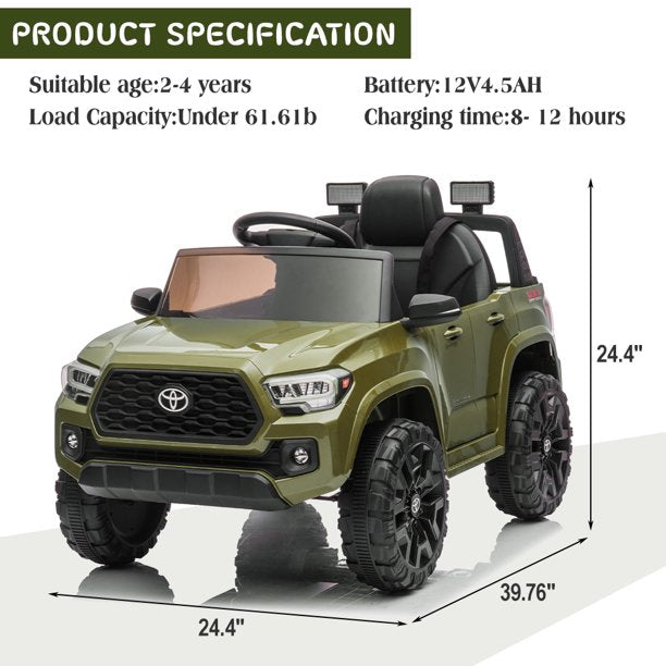 Official Licensed Toyota Tacoma Powered Ride-on with Remote, 12V Ride on Car for 2-4 Years Old, Kids Ride on Toys with MP3 Player, Radio, Lights, Green Electric Ride on Vehicle for Boys