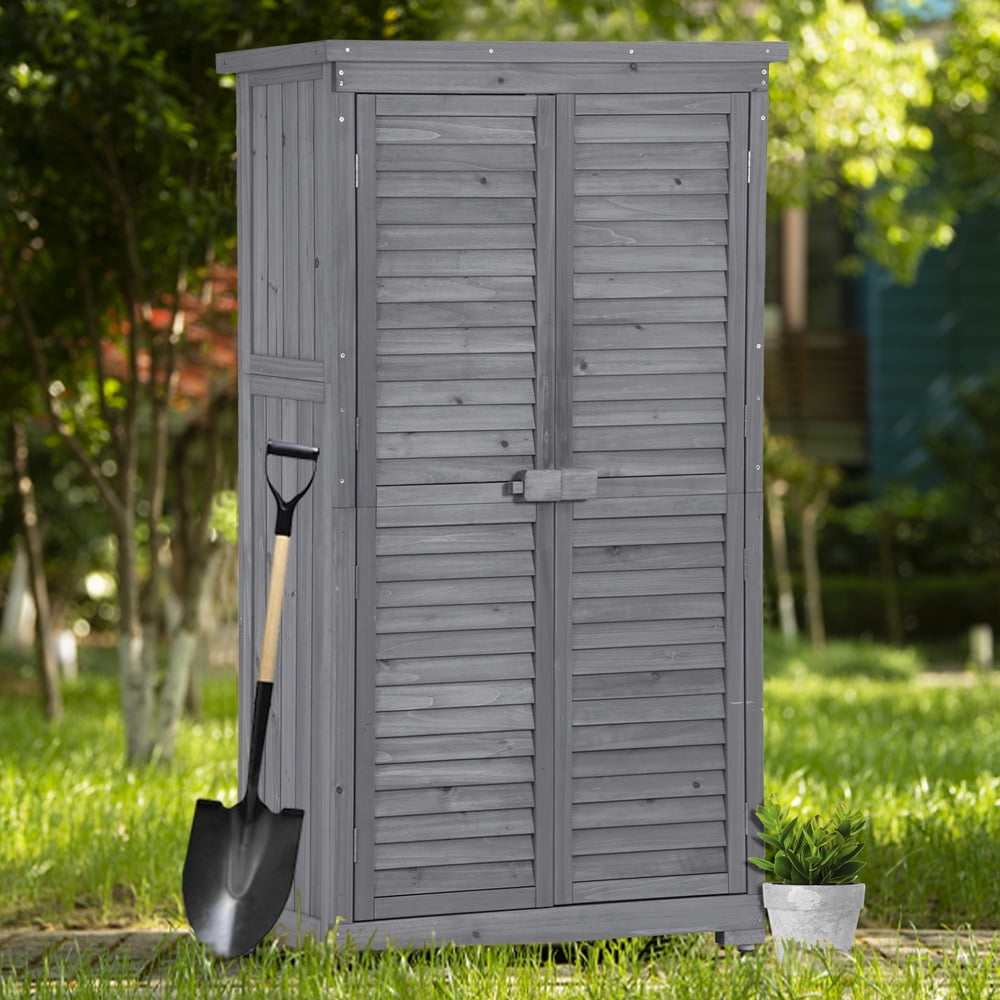 Outdoor Sheds, Sesslife 3-Tier Patio Wood Storage Shed for Lawn Garden, Storage Cabinet with Adjustable Shelves and Legs, Tool Storage Shed with Shutter Doors and Water-proof Roof, Gray, X3268