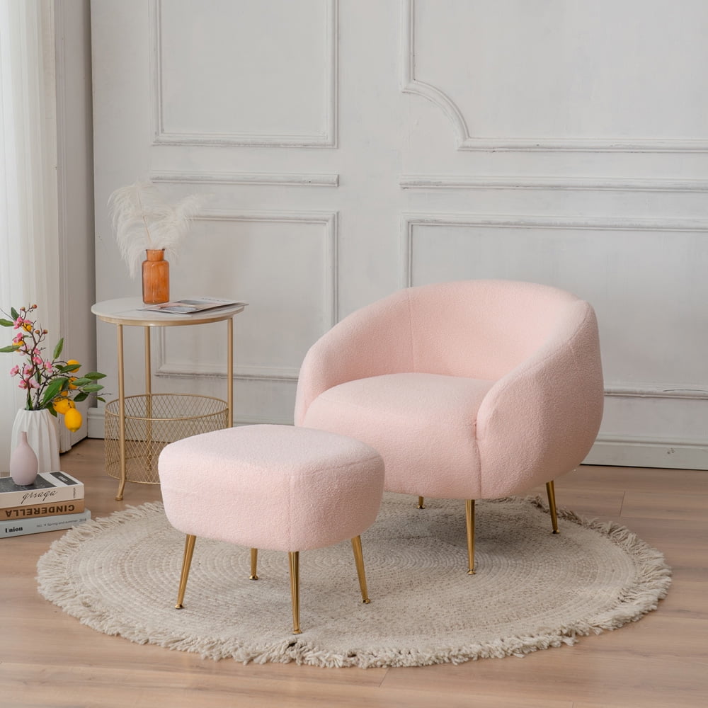 Sesslife Pink Accent Chair and Ottoman Set, Faux Fur Accent Chair with 15.7"H Ottoman, Modern Living Room or Bedroom Furniture