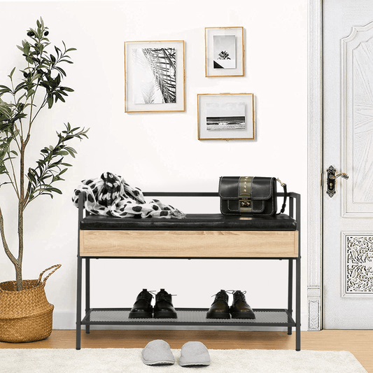 SESSLIFE Metal Shoe Bench, Storage Bench Organizer with Cushioned Seat, 2-Tier Shoes Rack Shoe with Storage Box for Entryway Hallway, 37.4 "W x 14.9" d x 21.5 "H, White Oak