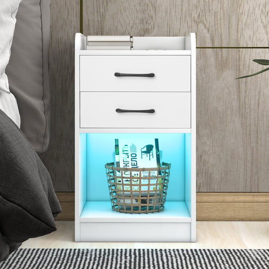 White Nightstand for Bedroom with 2 Drawers and Shelf, Sesslife Modern Bedside Table with USB Charging Ports and Outlets, Wireless Charging, LED Light, Multifunctional Wood Side Table