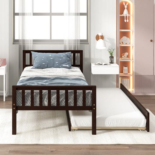 Sesslife Twin Bed with Headboard and Footboard, Espresso Bed Frame with Pull Out Trundle, Pine Wood Platform Bed for Kids Teens Boys Girls, Wooden Slats, No Box Spring Needed