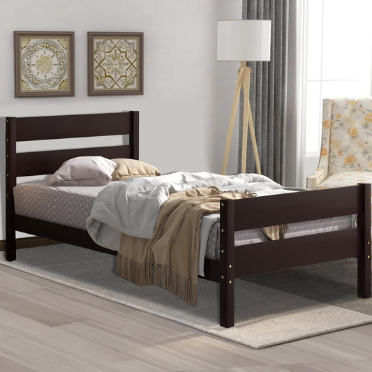 Wood Bed Frame Twin, Sesslife Platform Bed Frame with Headboard and Footboard, Twin Bed for Boys Girls Bedroom Dorm, Twin Bed Frames No Box Spring Needed, Modern Bedroom Furniture, Espresso