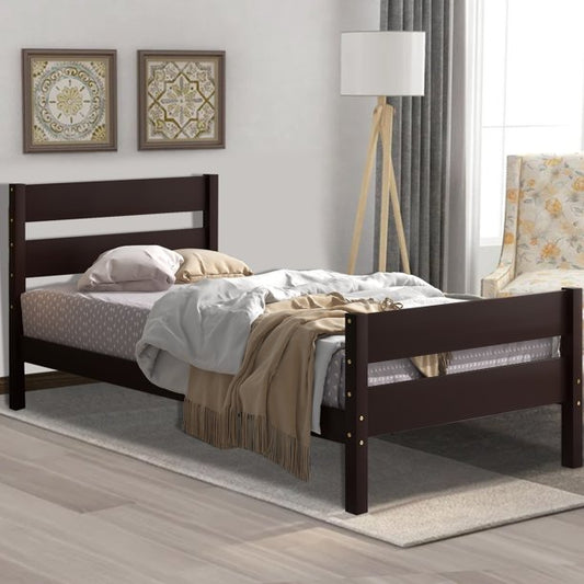 SESSLIFE Twin Platform Bed Frame, Wood Twin Bed Frame with Headboard and Footboard, Twin Size Bed for Kids Teens / Modern Bedroom Dorm Furniture, No Box Spring Needed, Espresso