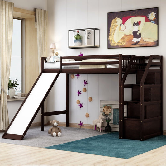 Loft Bed with Slide, Sessife Twin Loft Beds with Storage Stair and Guardrail, Kid Bed Frame with Wood Slat Support and No Box Spring Needed, Wood Loft Bed for Kids'Room Dorm, Space Saving, Espresso